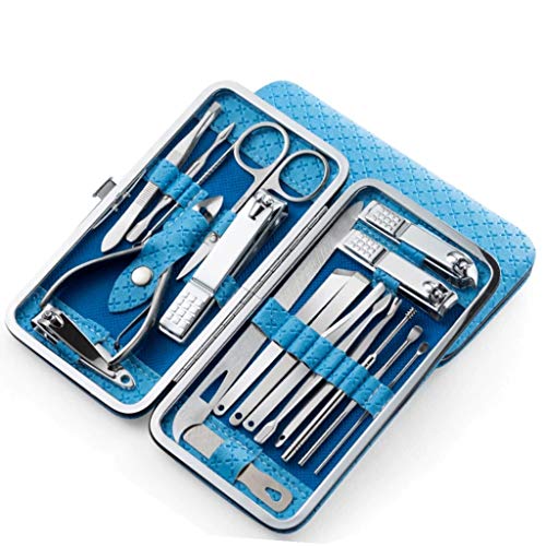 KEER Manicure set nail clippers pedicure set-19 pieces of stainless steel manicure set, nail care tool with luxury travel case (Blue)