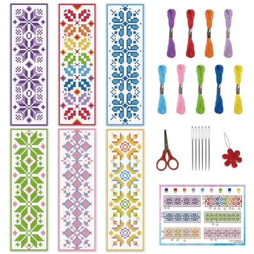 Image of INFUNLY 6PCS Flower Cross Stitch Bookmark Kit for Beginners 8.66 inchx3.15 inch Boho Plaid Flowers Embroidery Bookmark Kits Geometric Pattern Cross Stitch Kit with Instruction for Book Lovers Reader Writers
