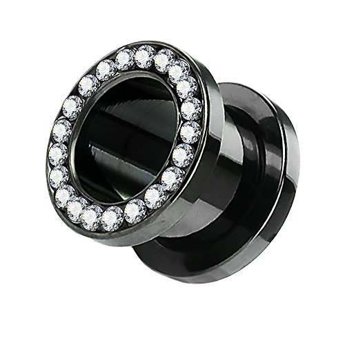 Taffstyle Túnel dilatador para la oreja, de titanio, con cierre de rosca, circonitas y cristales brillantes, 10 mm, color negro Cover