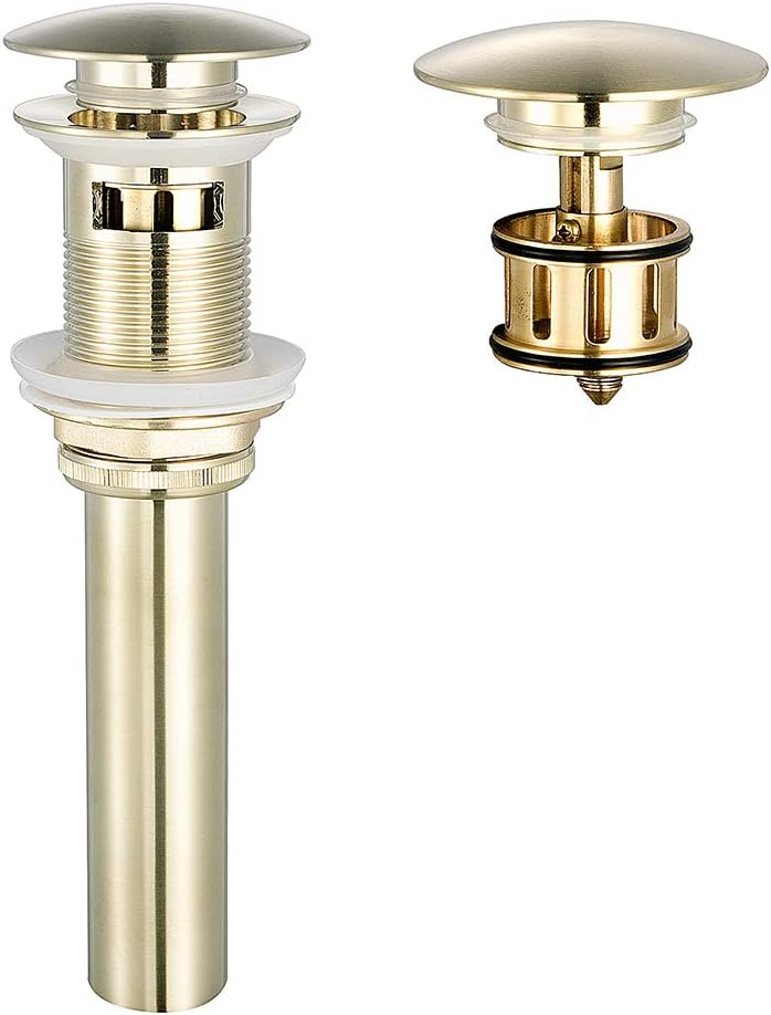 Brass Bathroom Sink Drain with Removable Brass Strainer Basket Anti Clogging Vessel Sink Drain Stopper (with Overflow, Brushed Gold)