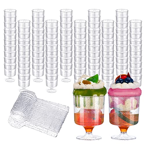 Youyole 100 Pcs 6 oz Dessert Cups Silver Glitter Disposable with Spoons Plastic Wine Glasses Wedding Party Appetizer Tasting for Halloween Thanksgiving Christmas