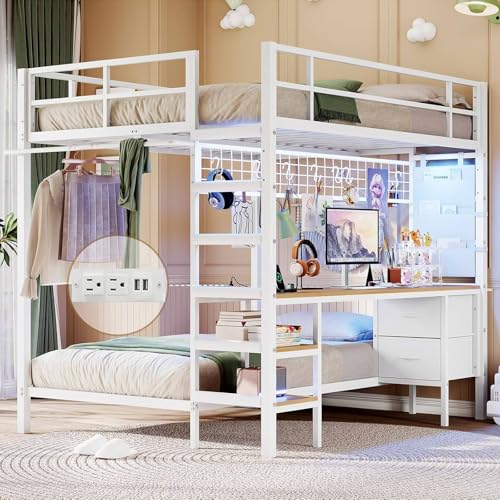 Catálogo para Comprar On-line Literas Metalicas disponible en línea. 46 DICTAC Cama litera metálica tamaño completo sobre individual con escritorio y luces LED, con estación de carga, estantes de almacenamiento y cajones para adolescentes y adultos,...