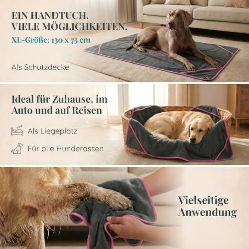 HUND IST KÖNIG Hundehandtuch extra saugfähig - Hunde Handtuch saugstark aus Mikrofaser mit 4 Eingriffen - Weiches XL Microfaser Handtuch für Hunde - Premium Hunde Trockentuch, schnell trocknend
