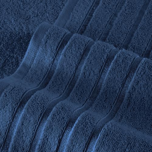 Image of Elegant Comfort 4 Lines Viscose Stripe 6-Piece Premium Towel Set - 100% Turkish Cotton High Absorbent Luxury Bathroom Towels - Includes 2 Washcloths, 2 Hand Towels and 2 Bath Towels Set, Navy Blue