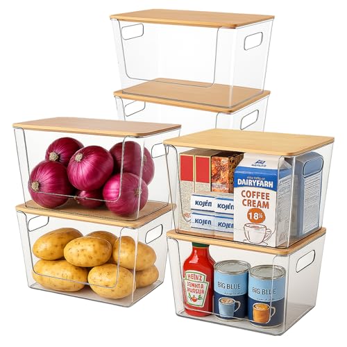 CiWiVOKi 6 Pack Clear Stackable Storage Bins with Bamboo Lids, Plastic Storage Containers with Handle for Pantry, Bathroom, Kitchen, Closet, Cabinet, Fridge Organizer and Storage