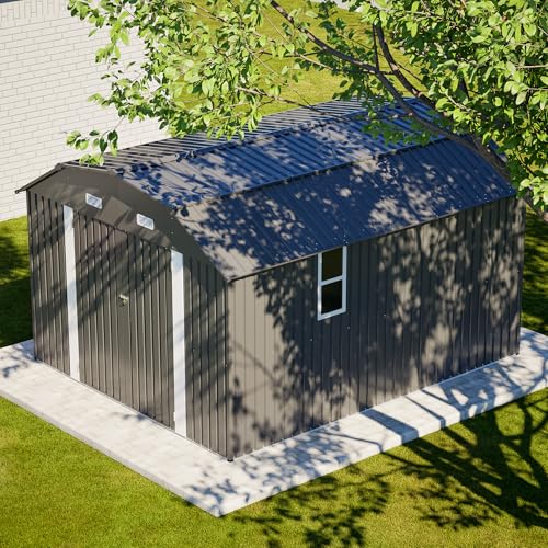 Image of YOPTO 10x12 FT Outdoor Storage Shed,Heavy Duty Metal Shed W /Floor Frame & 2 Windows,Garden Shed W / 4 Air Vents,Diamond-Shape Roof & Lockable Door,for Backyard,Patio,Lawn,Grey