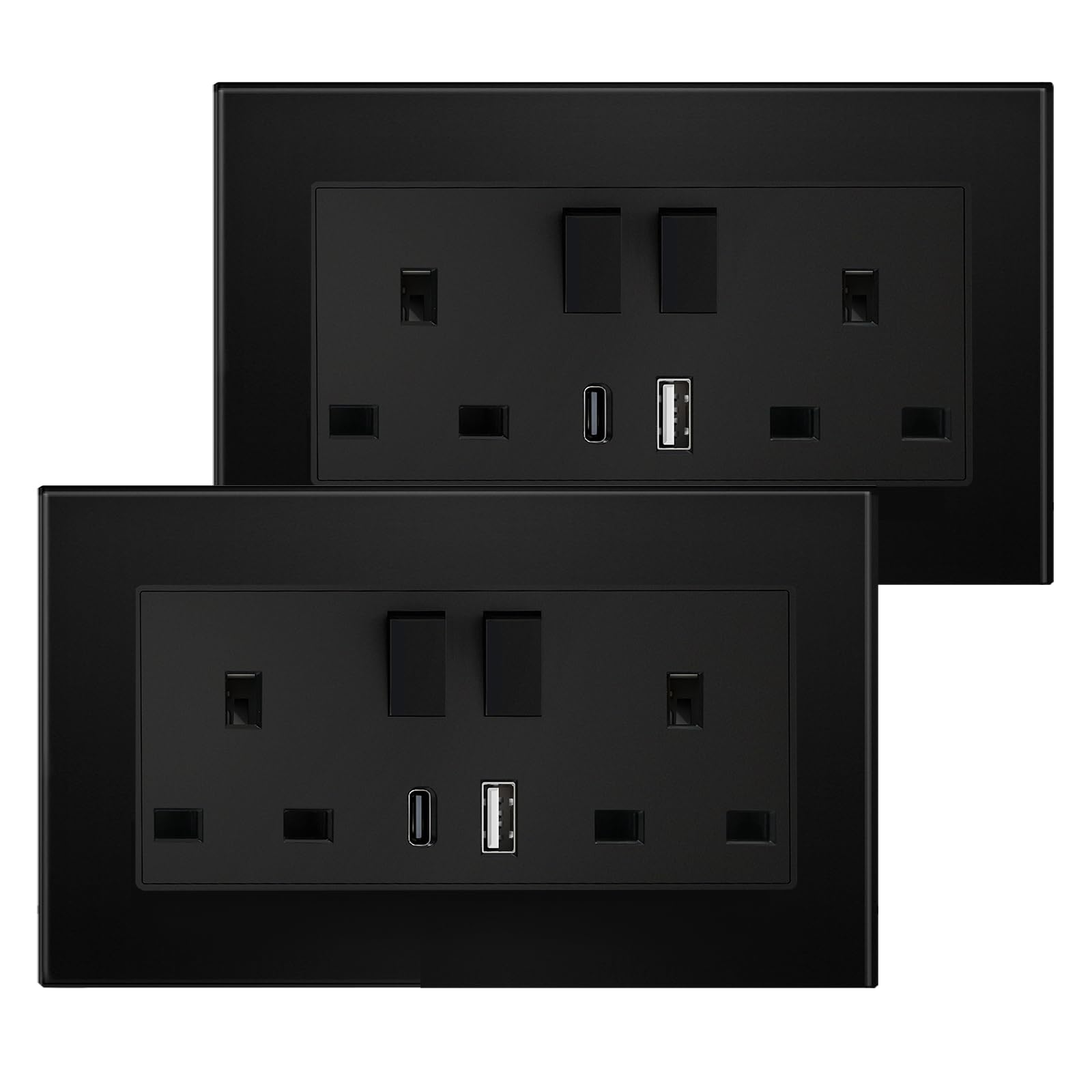 BSEED Double Switched Sockets with USB C and USB A Charging Ports, UK Standard Electric Power Sockets with Glass Panel, 2 Gang 13A Wall Socket, Black, 2 Pack — image 1