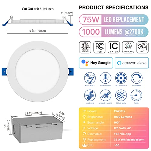 JULLISON 6 Inch LED Smart Slim Recessed Pot Light, WiFi APP& Voice Control, 120V, 13W, 1000LM, RGB + 2700K-6000K, ETL& FCC & IC Rated, Wet Location, Compatible With Alexa/Google Home, White - 12 Packs by JULLISON - Image 2