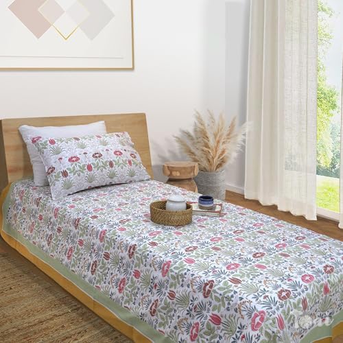 Image of TOAI Hand Block Printed Jaipuri Bedsheet | Bed Sheet Flatsheet | Pure Cotton | Single Bed Size 60 inchx90 inch | 300 TC Bedsheets | Includes 1 Pillow Cover |Spring Floral (Multicolour Floral)
