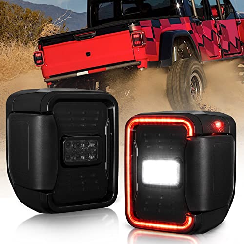MOBI OUTDOOR LED Tail Lights Fit For Jeep Gladiator JT 2019 2020 2021 2022Smoked Taillights Brake Light Turn Signal Light Reverse Back Up Assembly (Black Housing Smoke Lens) 1 Pair