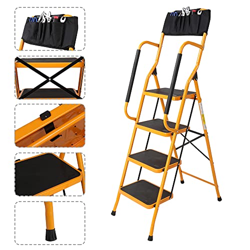Winado 4 Step Ladder With Handrails & Toolbag, 330Lbs Folding Step Stool, W/Non-Slip Side Armrests Large Pedal Area, Suitable For Home Office #TOP4