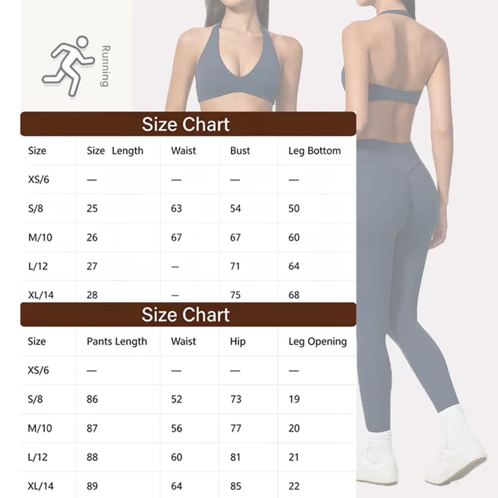 2 pezzi reggiseno e leggings yoga per palestra fitness | Reggiseno sportivo allacciato al collo scollo V profondo con effetto push-up, leggings a vita alta sollevaglutei, tessuto