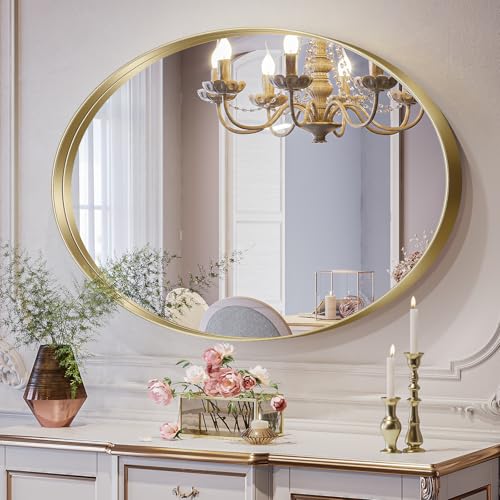 Brightify Espejo ovalado dorado para baño, 28 x 40 pulgadas, marco de metal dorado, espejo de pared moderno para dormitorio, sala de estar, chimenea, entrada, se cuelga horizontal o vertical