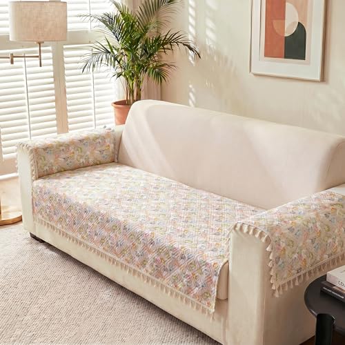 Image of Story@Home Quilted Anti Slip Sofa Cover Mat with 2 Armrest Cover, 2 Seater Velvet Sofa Protector with Tassels | Sofa Cover Mat for 1 /2 /3 Seater & L-Shape Sofa - 76 x 122 Cm - White & Multi Color