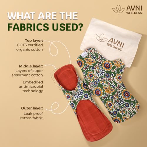 Image of Avni Lush Reusable Cloth Sanitary Pads for Women | 3R + 1L pad | Day & Night Cycle Pack | Superabsorbent Heavy Flow Sanitary Pads | Organic Cotton Sanitary Pad | Antimicrobial Laboratory Tested, Chemical-Free | Patented Design | Lasts 3 years | Full cycle pack of 4 with Cloth Storage Pouch | 240 + 280 mm