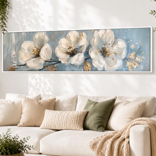 Image of PAINTINGMANTRA White Cherry Blossom Flowers Wall Art Painting, Framed Floral Wall Art Painting for Living Room, Home and Office Wall Decoration (13x47 Inch)