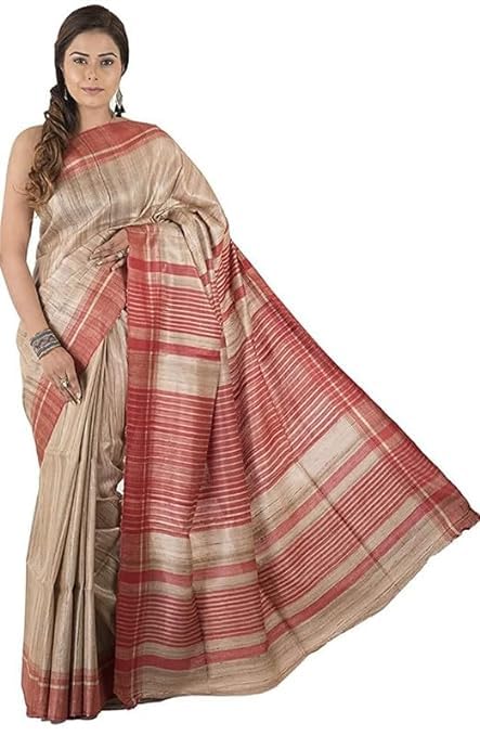 Bhagalpuri Women's Pure Khadi Silk Handmade Yarn Tussar Silk And Ghicha Silk Saree With Running Strips Blouse