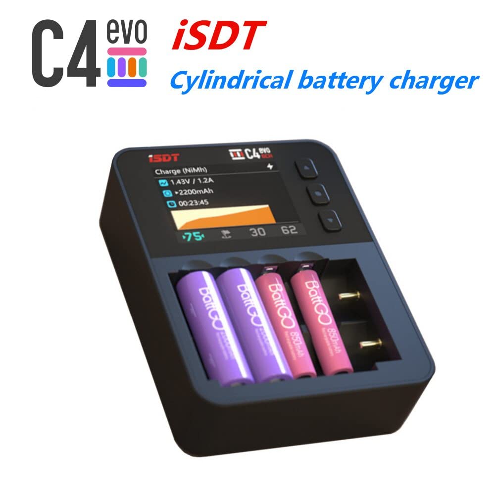 ISDT C4 EVO Smart Battery Charger with Type-C QC3.0 Output for AA AAA Li-ion Battery with IPS Display Screen and Fire Prevention