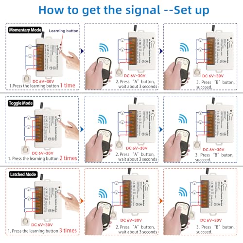 DieseRC Commutateur de télécommande de relais sans fil 2 canaux 433Mhz RF DC 6V 12V 24V 30V 10A Récepteur de relais avec 2 Porte-clés émetteurs, Gros fil terminal câblage facile – vue 9