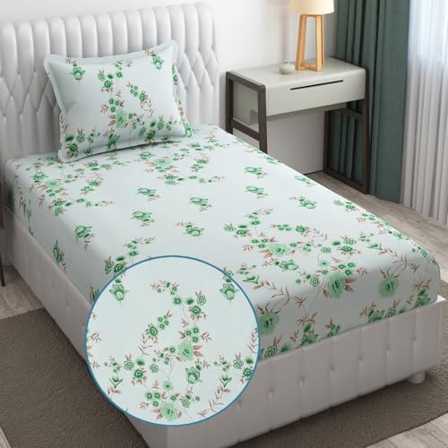 Image of Fresh From Loom Floral Print 240 TC Microfiber Single Bed Bedsheet Set with 1 Pillow Covers - Hypoallergenic & Soft (60 x 90 inch | Cyan, Floral Design)
