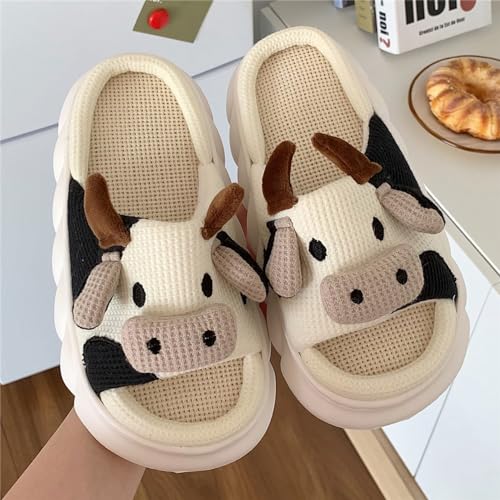 HANDKEI Cartoon Cow Slippers Thick Sole Comfortable Linen Slippers Women's Indoor and Outdoor Anti slip Home Slippers3
