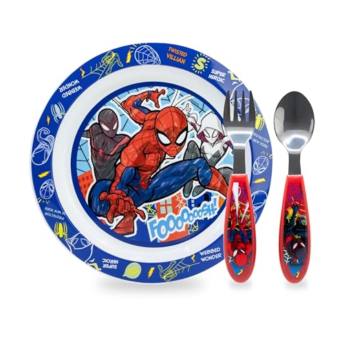 Sorrisini Vaisselle Réutilisable Spiderman, Set de 3 Pièces pour le sevrage des Enfants, Assiettes et Couverts en Acier Inoxydable, Vaisselle en Plastique Réutilisable et micro-ondable, sans BPA