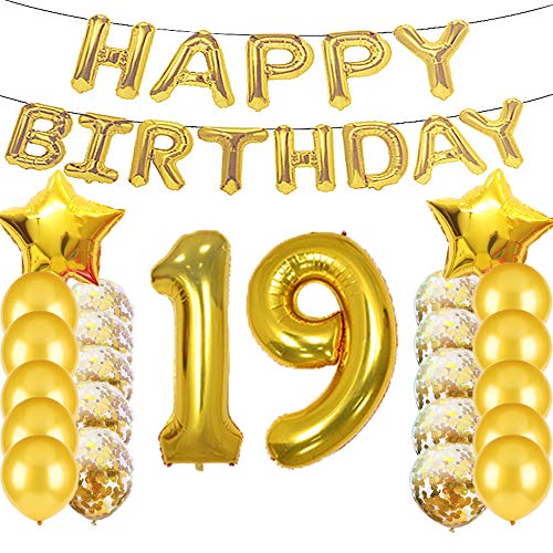 Sweet 19th Birthday Decorations Party Supplies,Gold Number 19 Balloons,19th Foil Mylar Balloons Latex