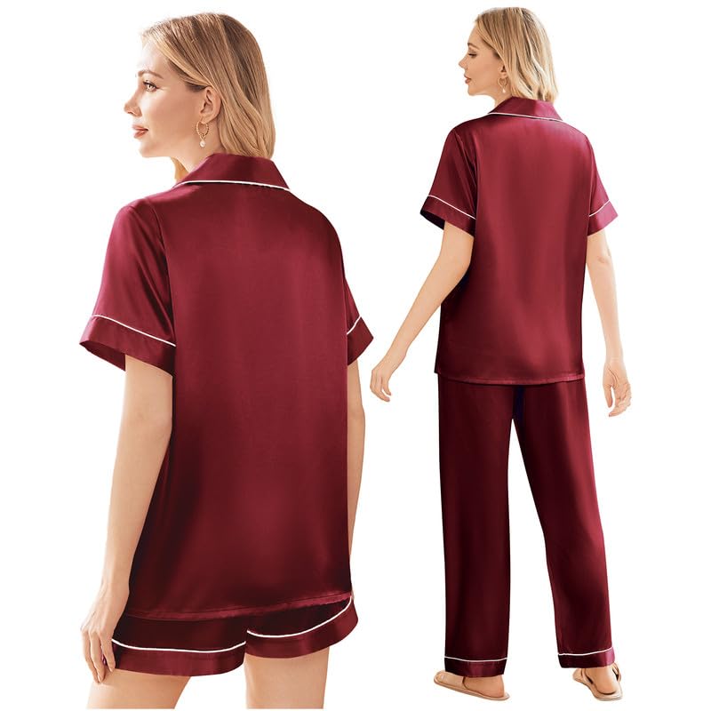 Image of Ekouaer Silk Pajamas for Women Set Satin Soft Short Sleeve Button Down Pjs