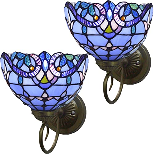 Image of Tiffany Wall Lamp Sconce Light Fixtures Set of Two, Wall Amout Lamp, 8 in Hand-Made Baroque Stained Glass Shade LED Wall Lights for Bedroom Living Room Hallway Kitchen,Blue,2PCS