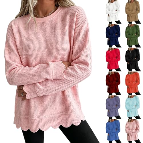 Scalloped Sweatshirt Layered Waffle Knit Oversized Sweatshirt for Women - image 1