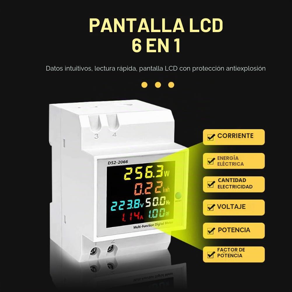 Medidor de Consumo Electrico,AC40-300V 100A MultifuncióN 6 En 1 Digital AmperíMetro VoltíMetro Medidor MultifuncióN En Carril Din Contador MonofáSico 230V