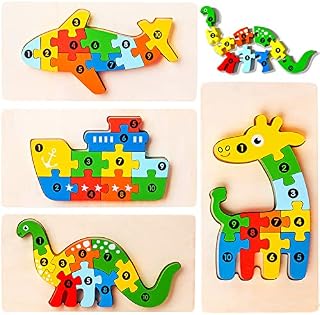 Wooden Puzzles Toys for 3 4 5 Year Olds Dinosaur Animals Toddler Jigsaw Number Shape Puzzle Gifts for Kids 4 Pack Educational Learning Toys for Girls Boys Children.