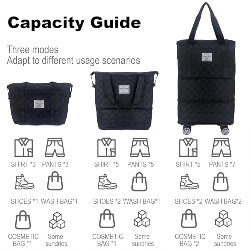 Expandable foldable duffel bag suitcase, detachable rolling wheels,carry-on large duffel bag,luggage bag,suit gym,camping,travel or business trip,Gift for wife and parents-Checkerboard(BLACK)3