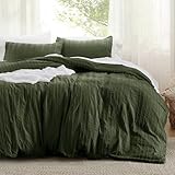 Bedsure Luxury Duvet Cover Queen Size - Striped Tufted Boho Bedding Set, Shabby Chic Home Bedding (90'x90') with 2 Pillowcases for All Season, Olive Green，Comforter Not Included