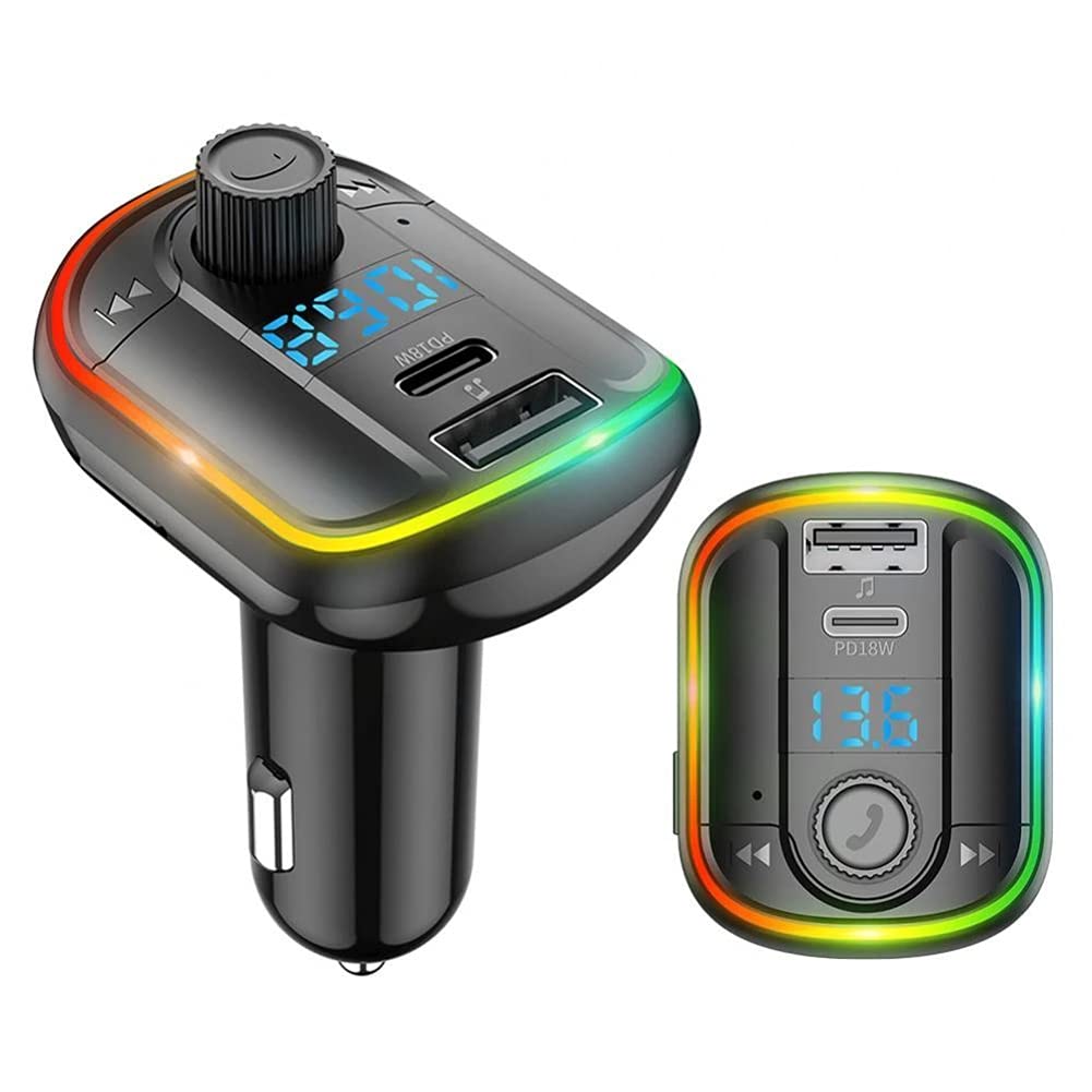 Bluetooth FM Transmitter, Wireless Radio Adapter Hands-Free Car Kit with PD 3.0 USB C Fast Charger, Color Light Support U Disk/TF Card