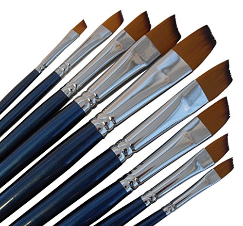 Artist Angular Paint Brushes - Golden Nylon, Long Handle, Angled Paint Brush Set - Ideal for Acrylic Painting and Oil Painting, and Equally Useful for Watercolor Painting and Gouache Color Painting.