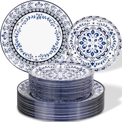 Hioasis Blue Plastic Plates, Floral Disposable Plates, 60 Pcs for 30 Guests
