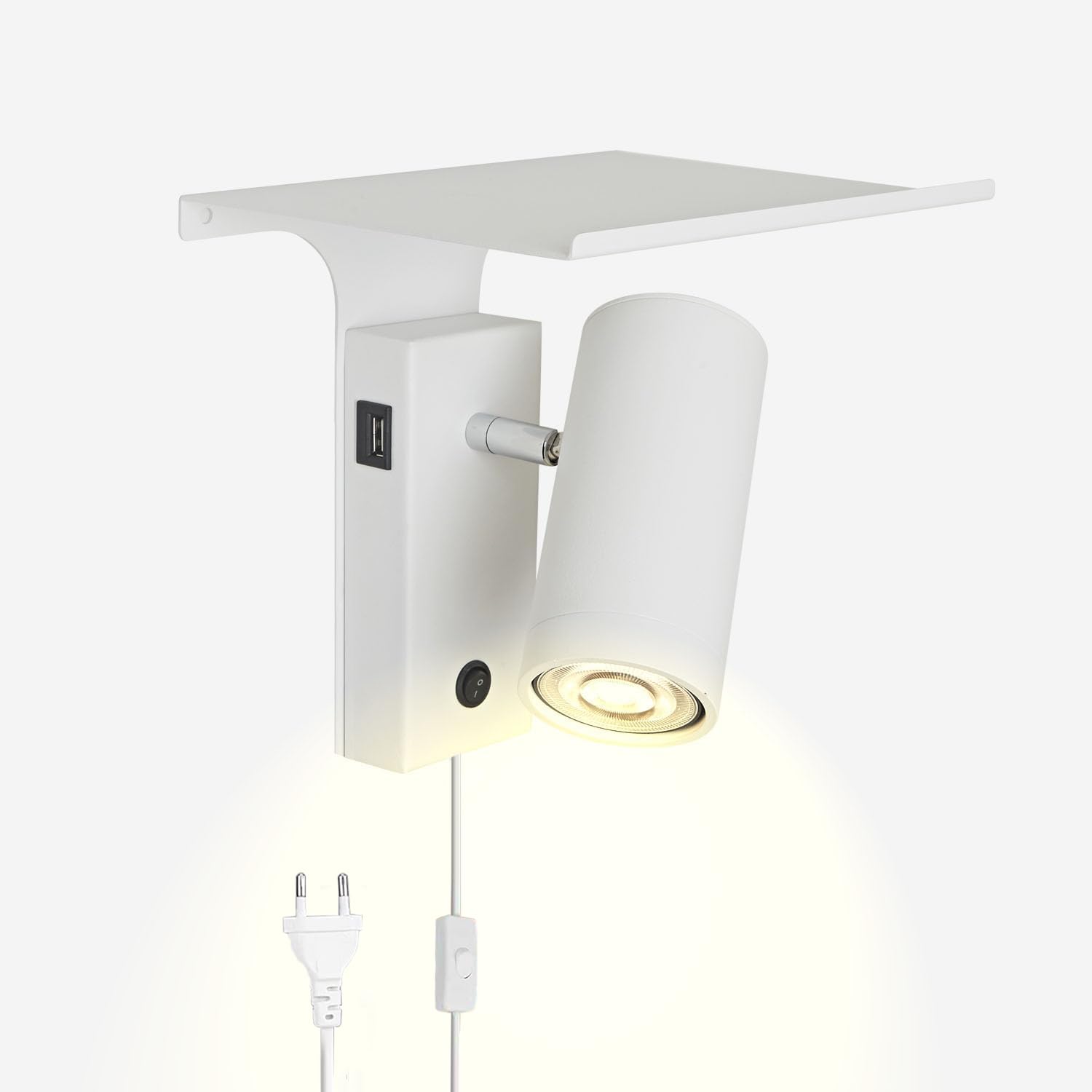 Lampa ścienna LED z włącznikiem i wtyczką, wewnętrzna metalowa lampa ścienna obracana o 270° z portem USB do ładowania i półką, regulowana lampa ścienna do czytania do salonu, sypialni, biura,White