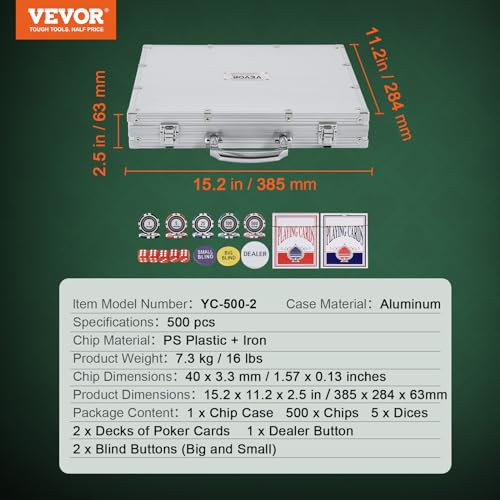 VEVOR Pokerchip-Set, 500-teiliges Pokerset, Kunststoff Komplettes Pokerspielset mit Alu-Pokerkoffer, Karten, Knöpfe und Würfel, Komplett Set 9-10 Spieler für Texas Hold’em, Blackjack, Glücksspiel usw.