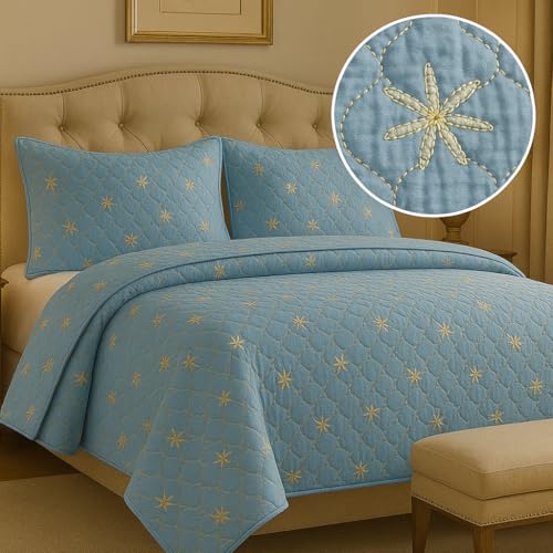Image of SANMARINO Solid 100% Cotton Multi-Needle Quilted Ultrasonic Bedcover Set - 280 TC, Soft & Lightweight, King Size /Double (90x100 in /228X254 cm), Coverlet with 2 Pillow Cases-Sky Blue