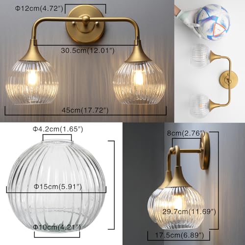 Image of PERMO Wall Sconce Vintage Vanity Light Antique 2 Lights Sconce with Clear Ribbed Globe Glass Shade Antique Brass Gold Double Sconces for Bathroom