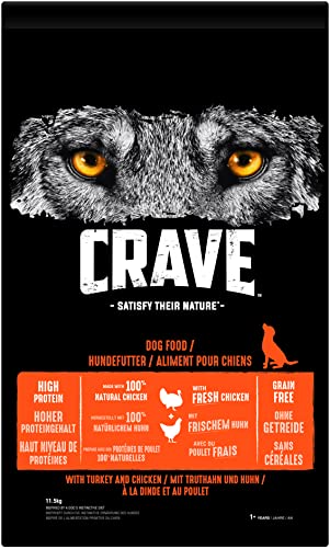 Crave Adult Trockenfutter mit Truthahn & Huhn, 11,5kg (1 Beutel) – Premium Hundefutter trocken mit hohem Proteingehalt und ohne Getreide – Hergestellt mit 100 Prozent natürlichem Huhn
