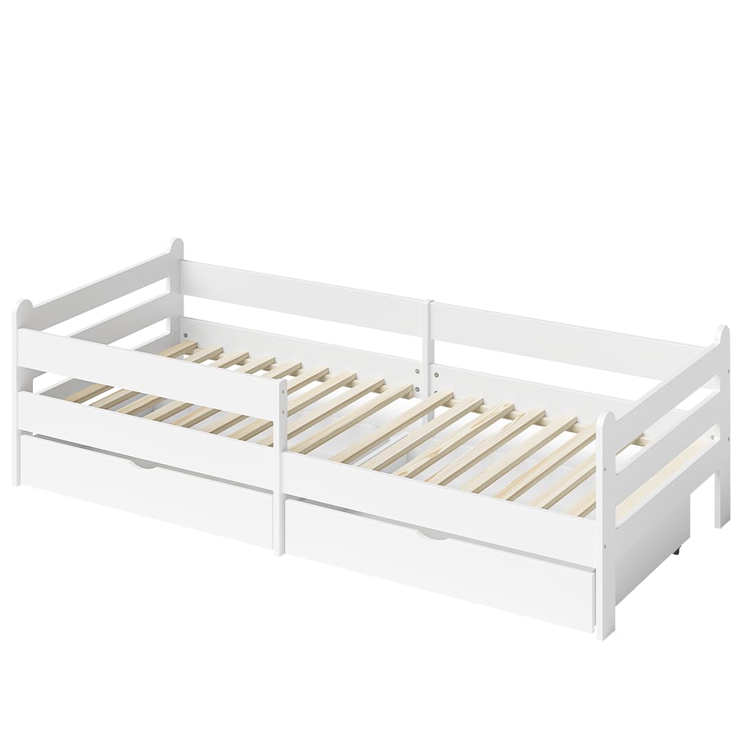 Bellabino Kuru Kinderbett 90x200 cm – Jugendbett mit 2 Schubladen - Kinder Bett mit Rausfallschutz & Lattenrost – Einzelbett für Jungen und Mädchen für Kinderzimmer – Kids Bed mit Stauraum in Weiß