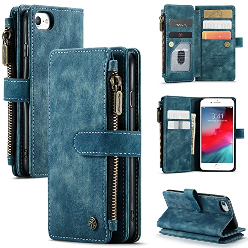 Étui portefeuille iPhone SE 3 bleu UEEBAI M CASEME avec emplacements cartes et poche zippée cuir