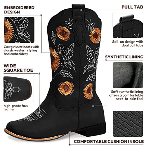 Cowboy Boots Women Sunflower Embroidered Western Cowgirl Boots Square Toe Tall for All Season Occasions, Brown3
