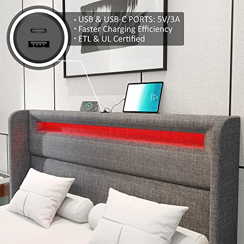 Amerlife King Bed Frame With Rgbw Led Lights Headboard & 4 Storage Drawers, Upholstered Smart Platform Bed With Usb & Usb-C Ports, Box Spring Optional, Light Grey #TOP4