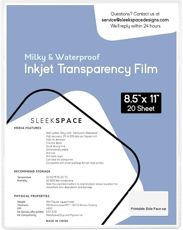 Película de transparencia lechosa para impresoras de inyección de tinta y serigrafía | 100% Impermeable, Anti-rizo, Antiestático | Tinta de alta densidad, tinta de secado rápido | Para serigrafía, offset y camisetas | 190 +/-5 pm