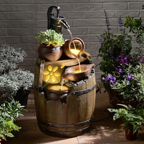 Pivotify Water Fountain Outdoor Rustic Barrel,4 Tiered Wood Barrel Cascading Water Fall Fountains Outside Feature with LED Lights for Garden, Patio, Porch, Backyard Decor 14.6' L x 14.6' W x 29' H