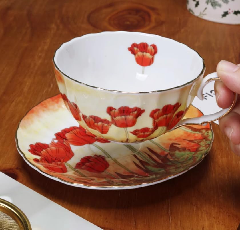 Handgefertigtes Kaffeetassen- und Untertassen-Set aus Keramik mit roten Mohnblumen Keramik Kaffee-/Teetasse und Untertasse Teller Hafermilchbecher Hochzeitsgeschenk