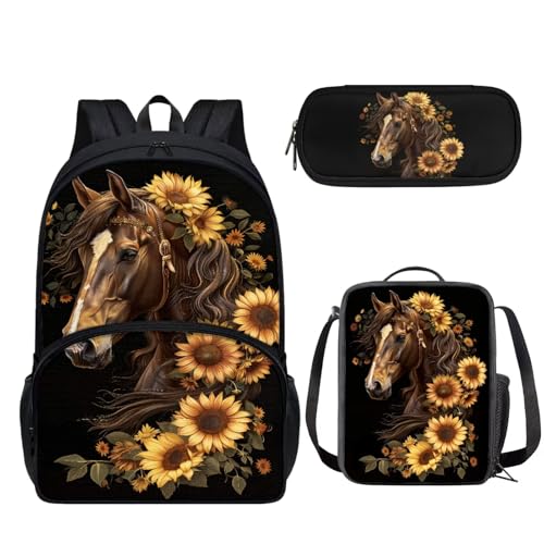 Binienty Sunflower Horse Schoolbag Set with Lunch Bag Pencil Case Cute Animal School Backpack for Kids Boys Girls 3Pcs Children Backpack Preschool Book Bag Casual Daypack for Elementary Students